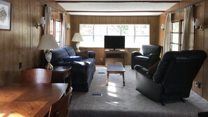 Una sala de estar acogedora con paredes de madera, un sofá, una silla, un televisor y una mesa.