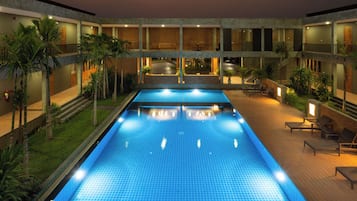 Outdoor pool, pool umbrellas, pool loungers
