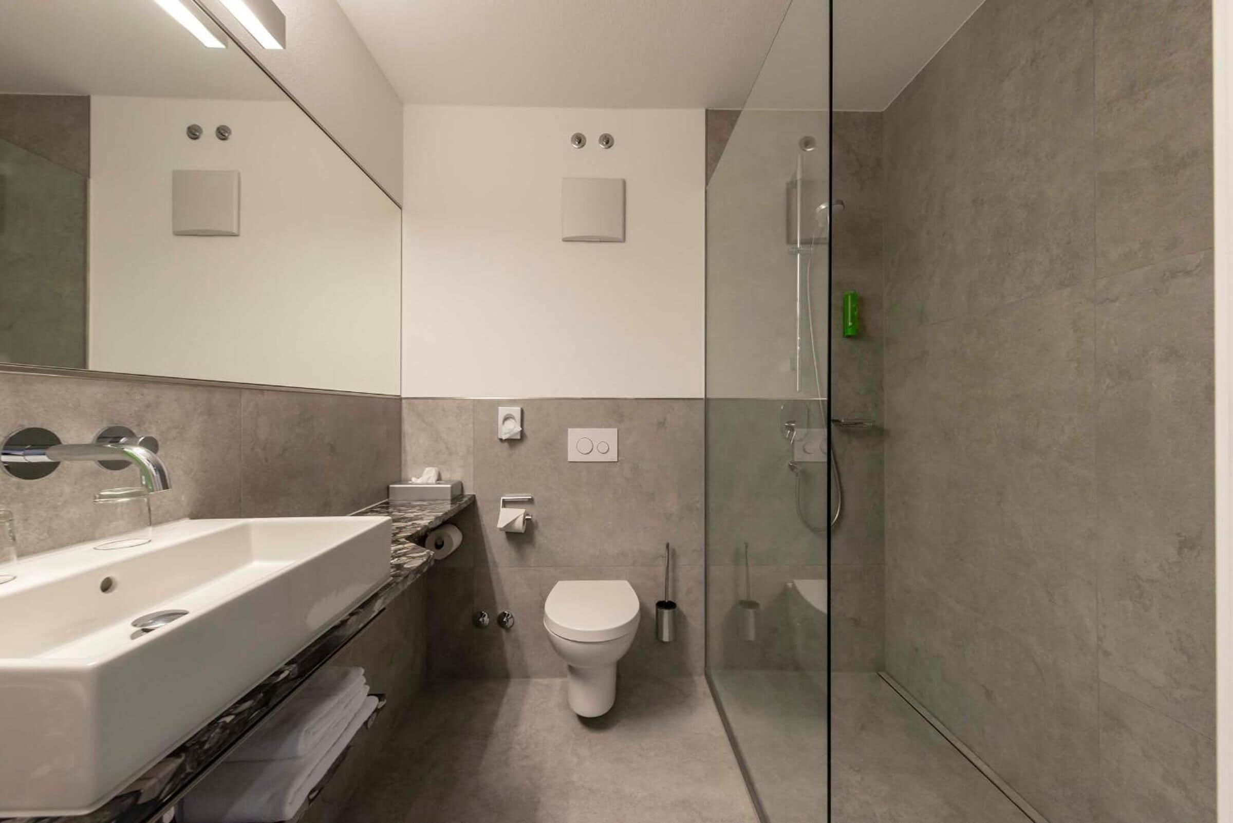 A modern bathroom with a large sink, toilet, and glass shower enclosure.