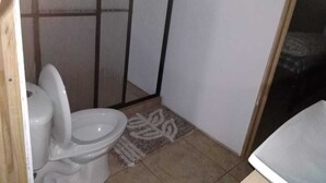 A small, compact bathroom with a toilet, a shower area, and a rug on the floor. - beuatifull house in the mountains with beach view (Savegre)