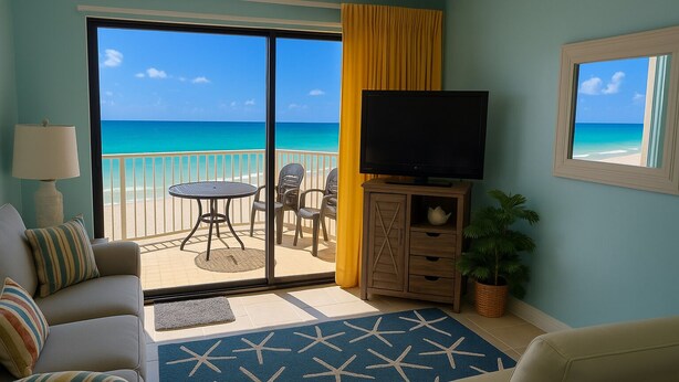 A room with a view of the ocean, a TV, a sofa, and a dining area with chairs.