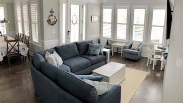 Smart TV, fireplace, foosball, video library