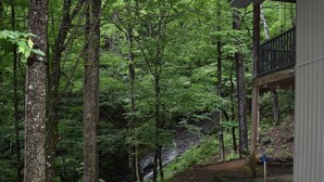 A forested area with a dirt path leading to a wooden structure with a balcony.