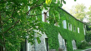 A stone building partially covered with green ivy. - Le Moulinage (Saint-Thomé)