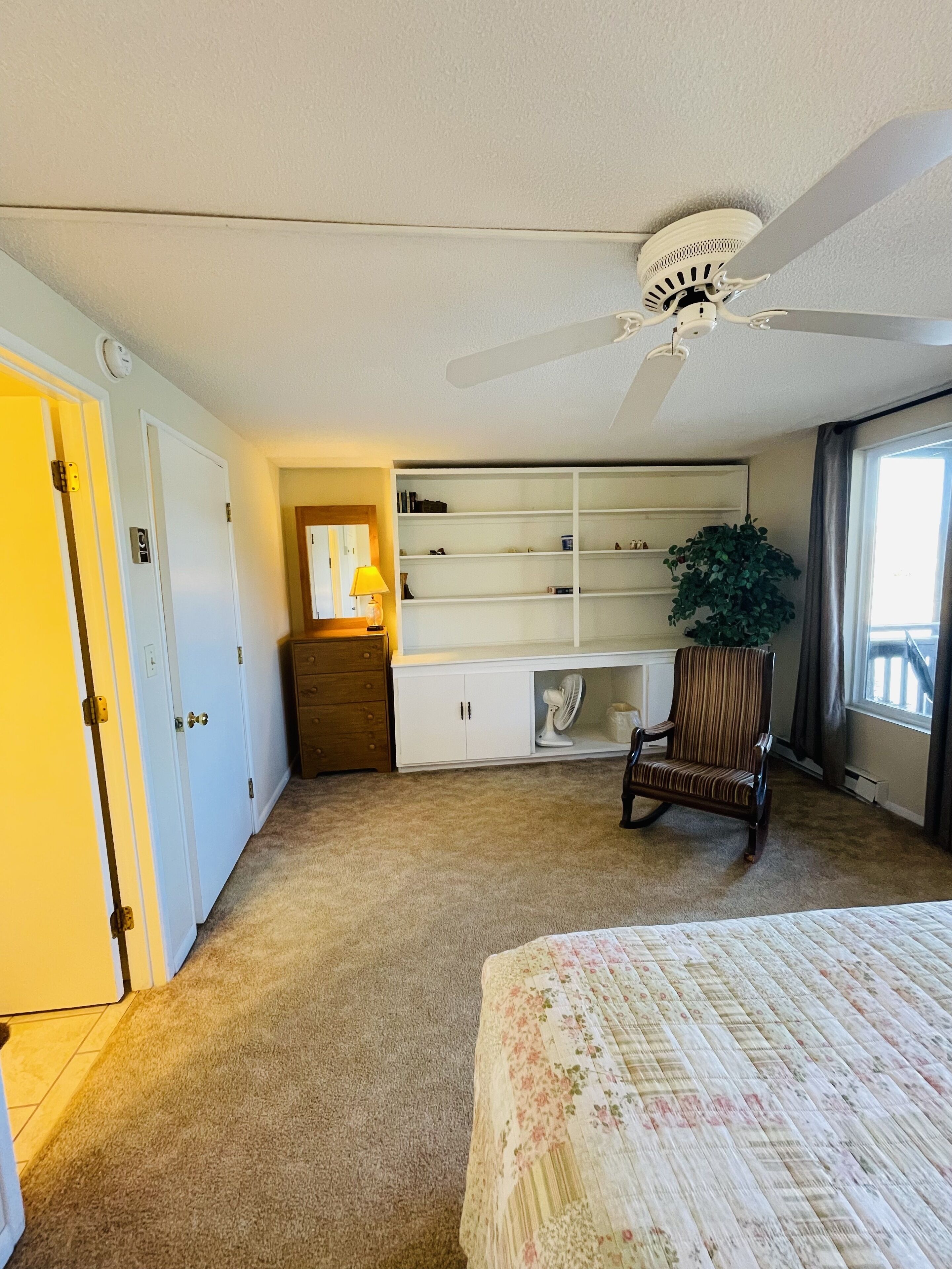 A bedroom with a bed, a chair, a dresser, a desk, a plant, and a ceiling fan.