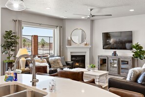 Smart TV, fireplace, video games, DVD player