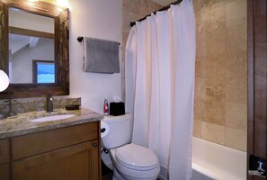 Combined shower/tub, hair dryer, shampoo