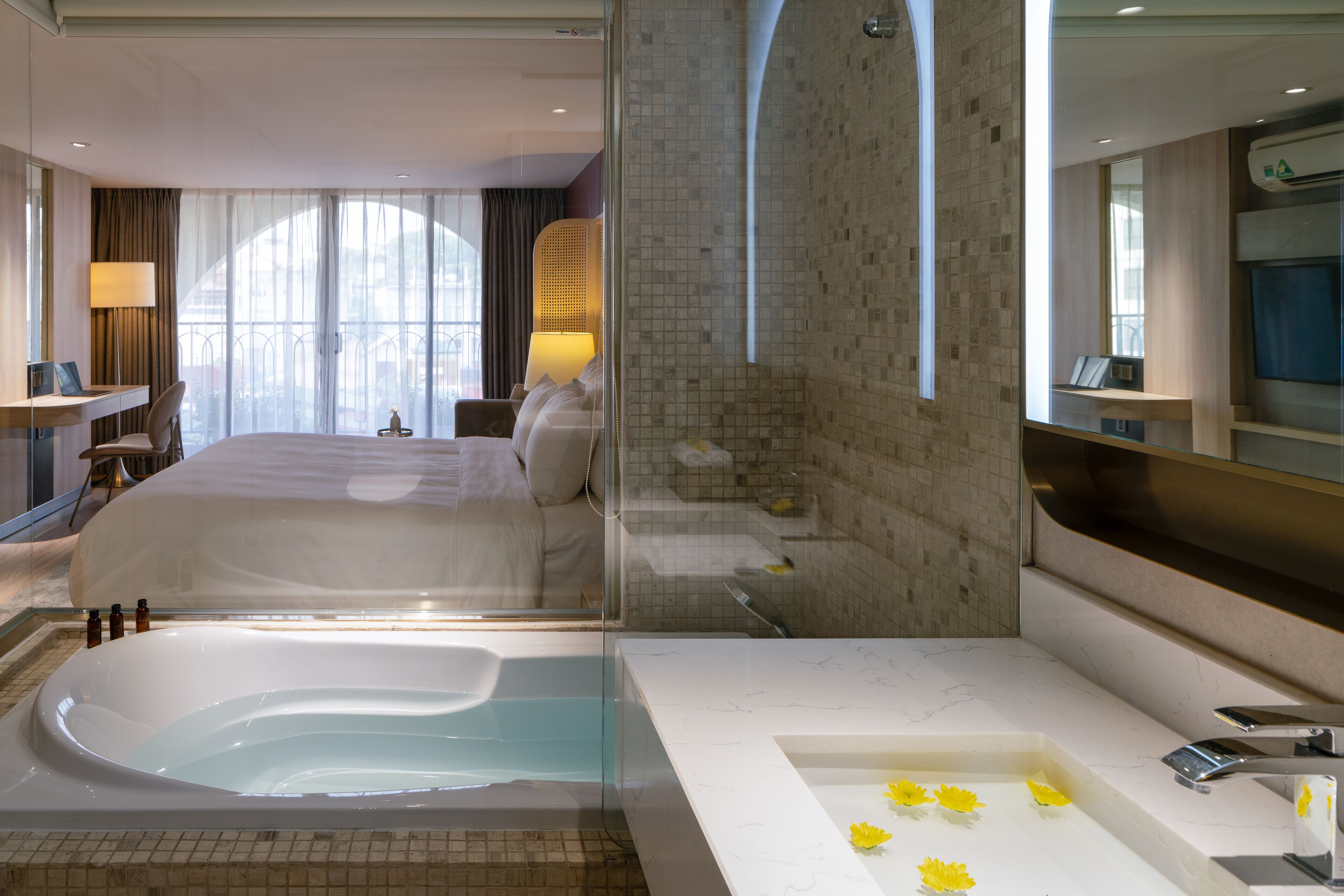 premium the level double room | bathroom | free toiletries, hair dryer, bathrobes, slippers