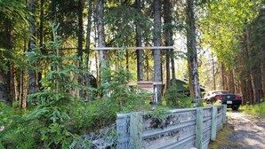 Eine rustikale Holzhütte, umgeben von dichtem Wald, mit einem Holzzaun und einem geparkten Auto in der Nähe.
