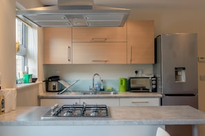 Full-sized fridge, microwave, stovetop, dishwasher