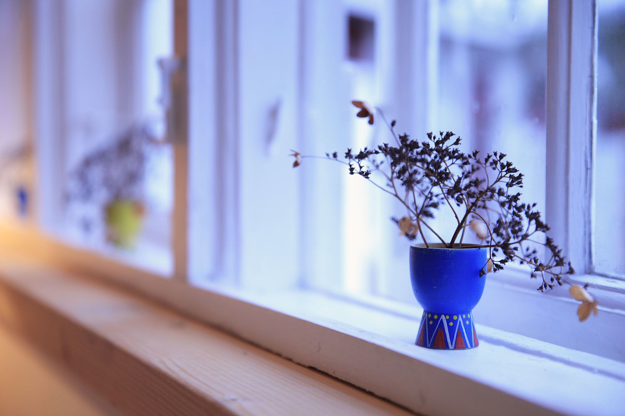 A blue vase with dried flowers on a windowsill.