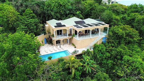 Une grande maison avec une piscine, entourée d’une végétation luxuriante.
