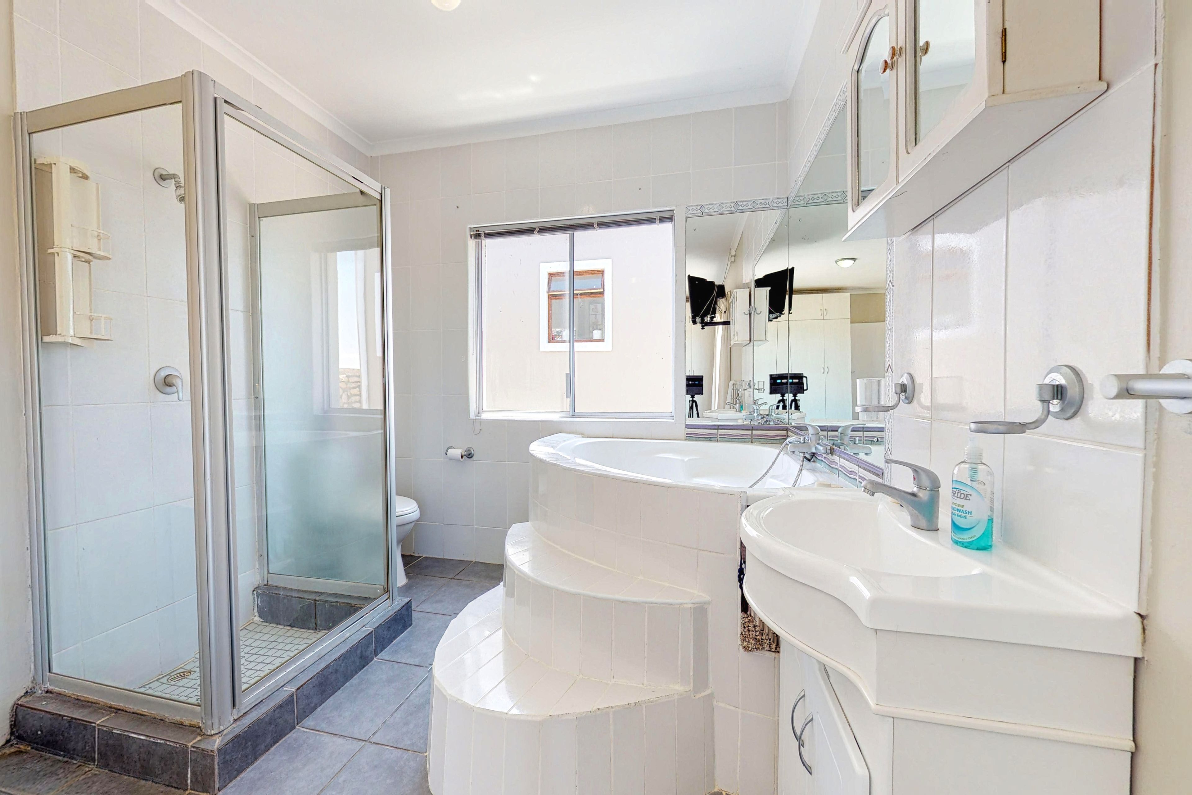 A modern bathroom with a glass shower enclosure, a double sink vanity, and a large mirror.