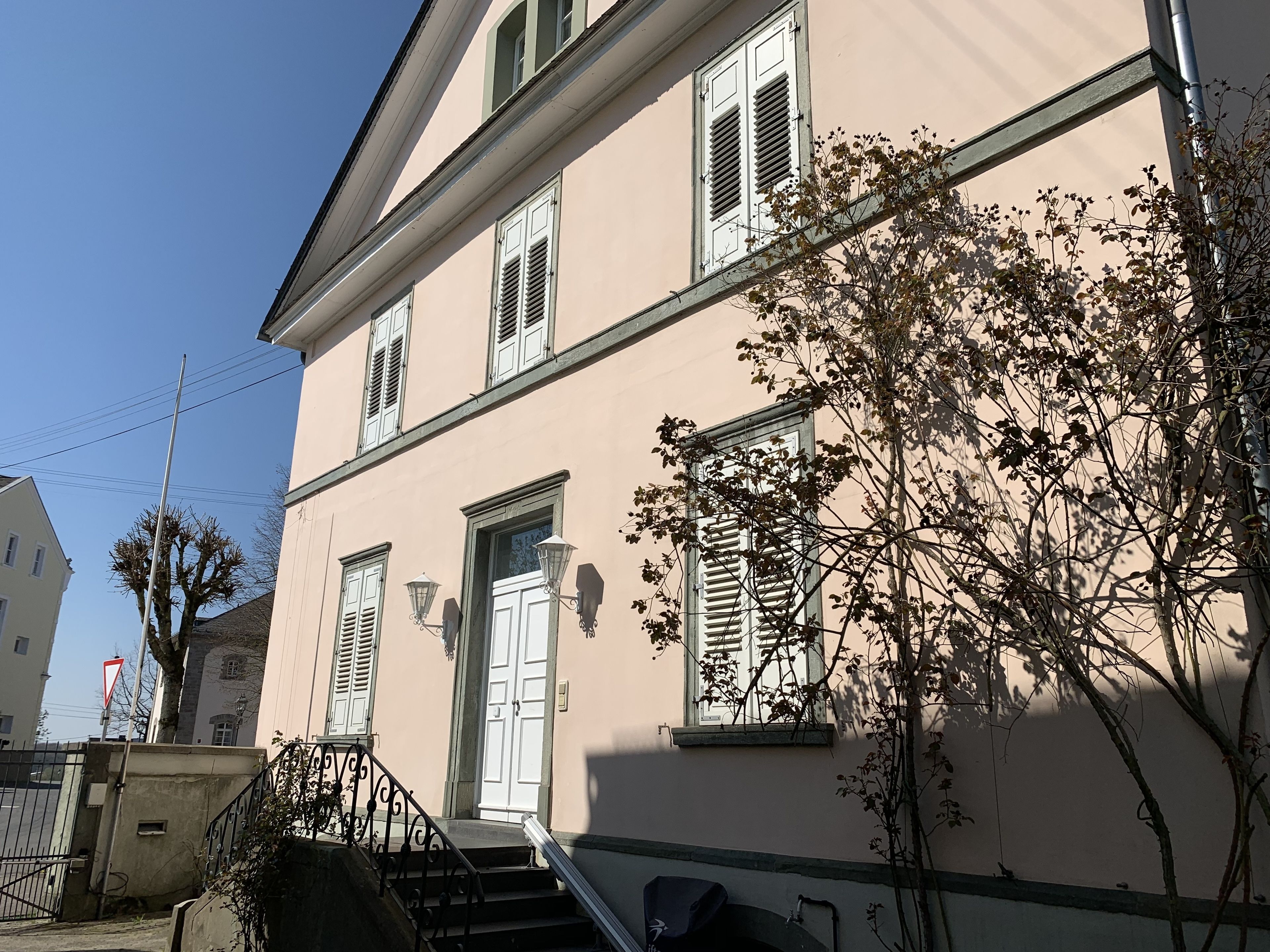 A two-story building with a white door and shutters, a staircase with a metal railing, and a tree in front.