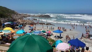 Una playa concurrida, con gente y sombrillas coloridas.