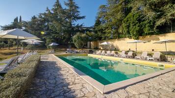 Seasonal outdoor pool, pool umbrellas, pool loungers