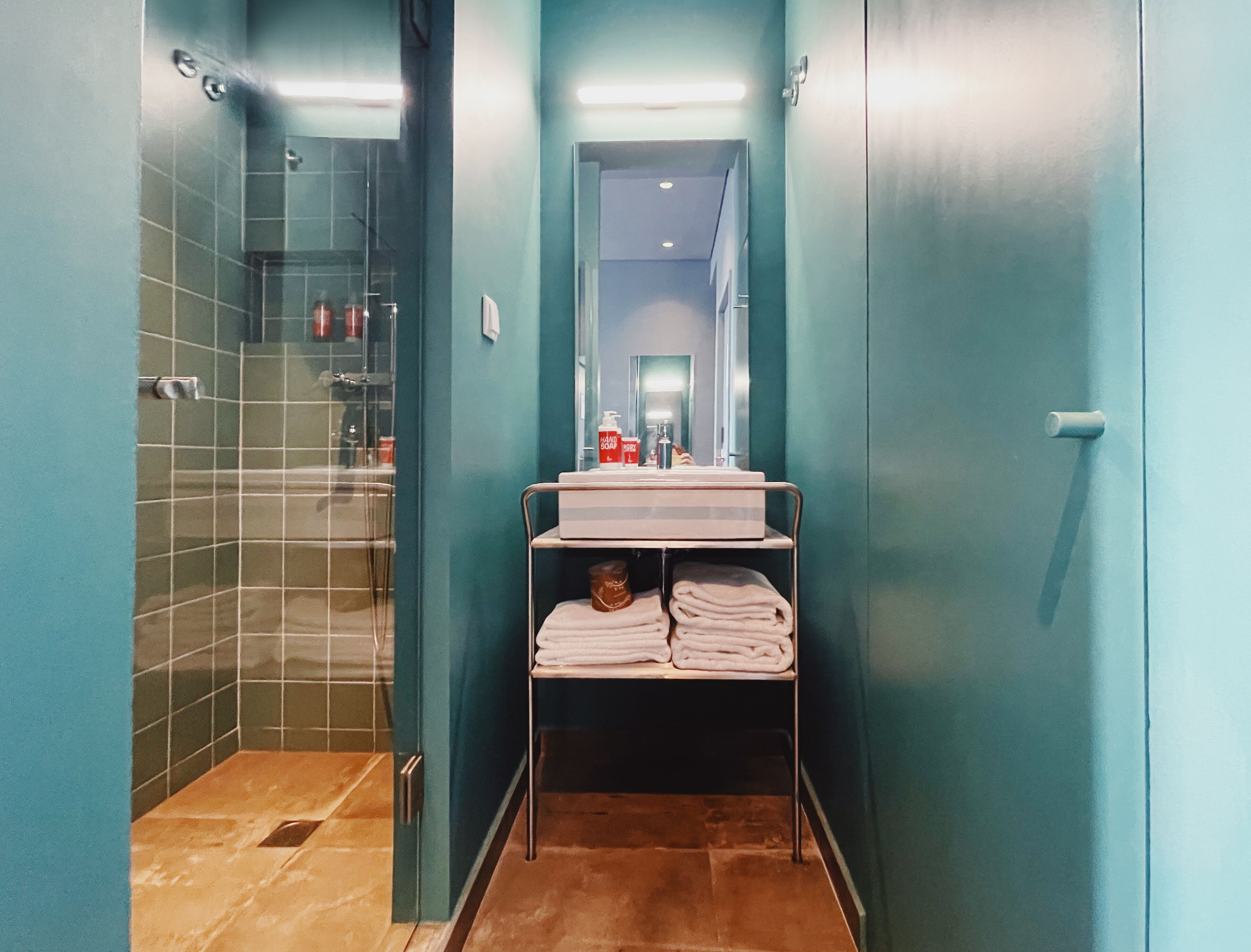 Un baño con ducha, lavamanos y artículos de aseo, además de un perchero para toallas.