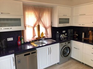 Villa | Privékitchenette | Een koelkast met diepvriezer, een oven, een kookplaat, een vaatwasser