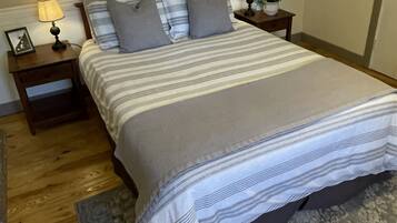 A bedroom with a large bed, two bedside tables, a nightstand, a lamp, and a potted plant.