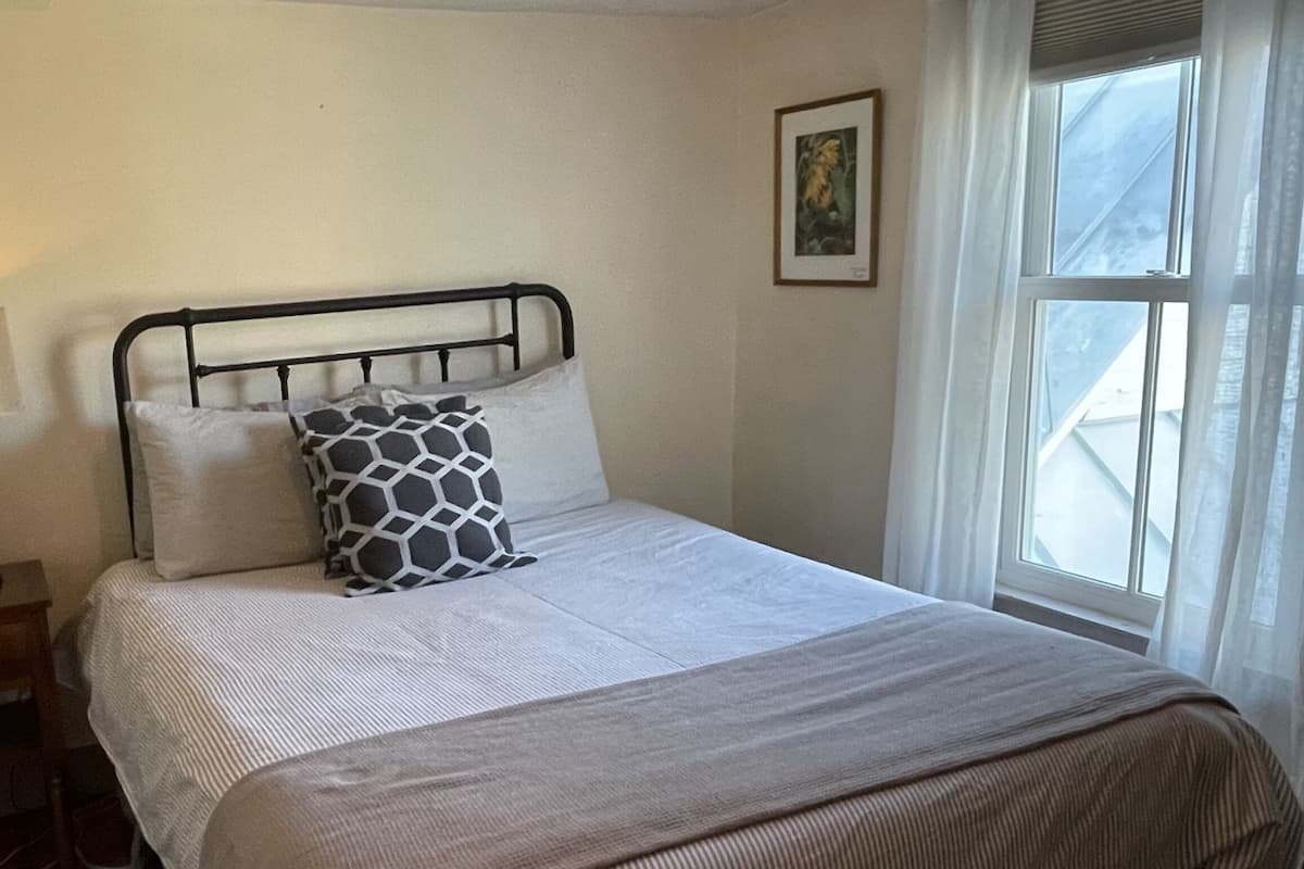 A neatly made bed with a patterned pillow, a bedside lamp, and a small table with a plant.