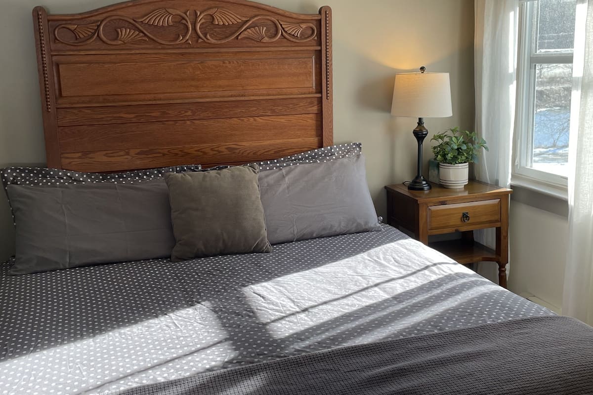 A neatly made bed with a wooden headboard, a bedside table with a lamp and a potted plant, and a window with curtains.