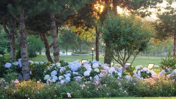 A garden with a variety of flowers and trees, a lawn, and outdoor seating.
