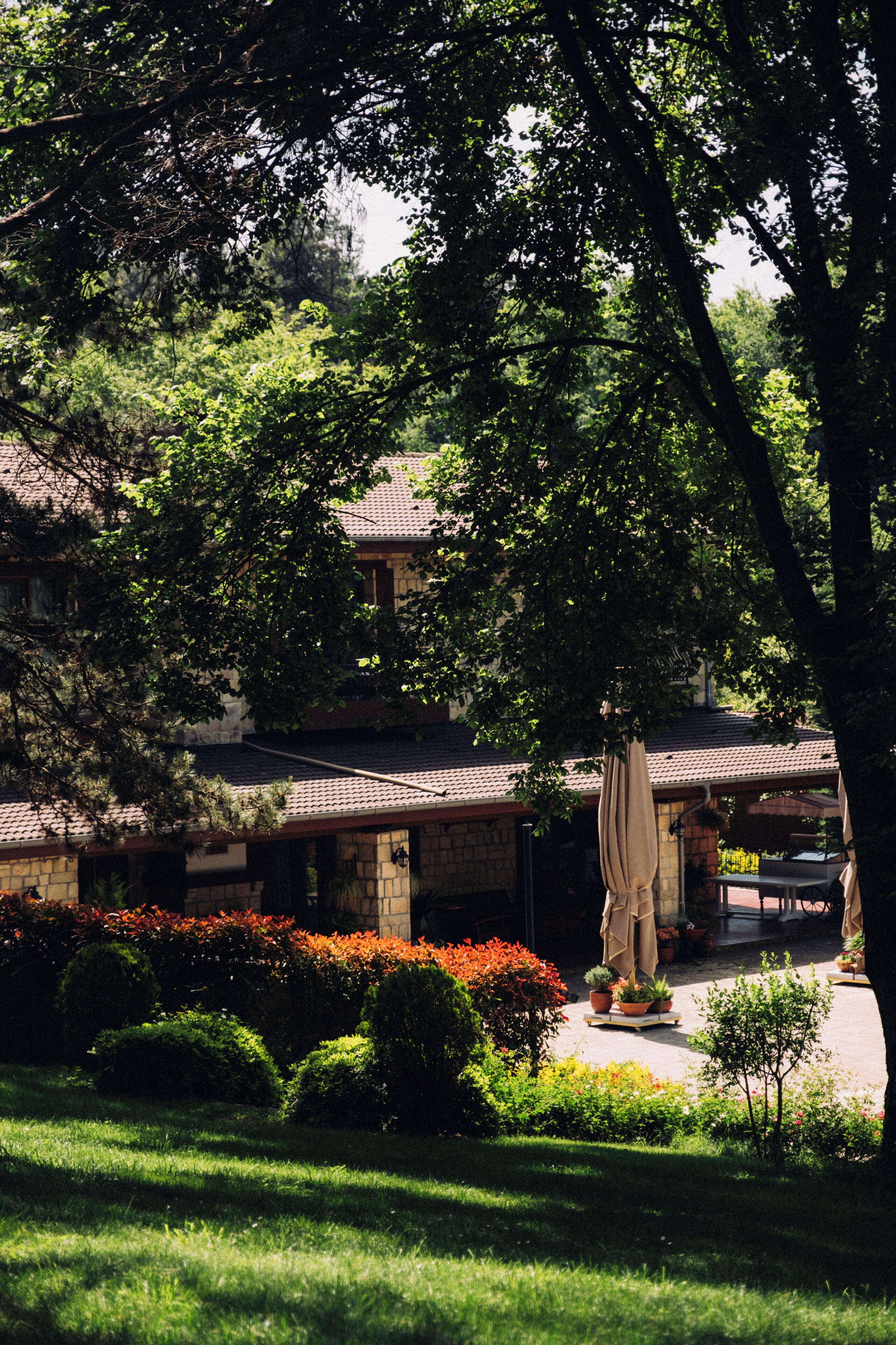 A traditional building with a tiled roof, surrounded by lush greenery and potted plants.