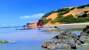 Una playa con formaciones rocosas y una orilla arenosa.