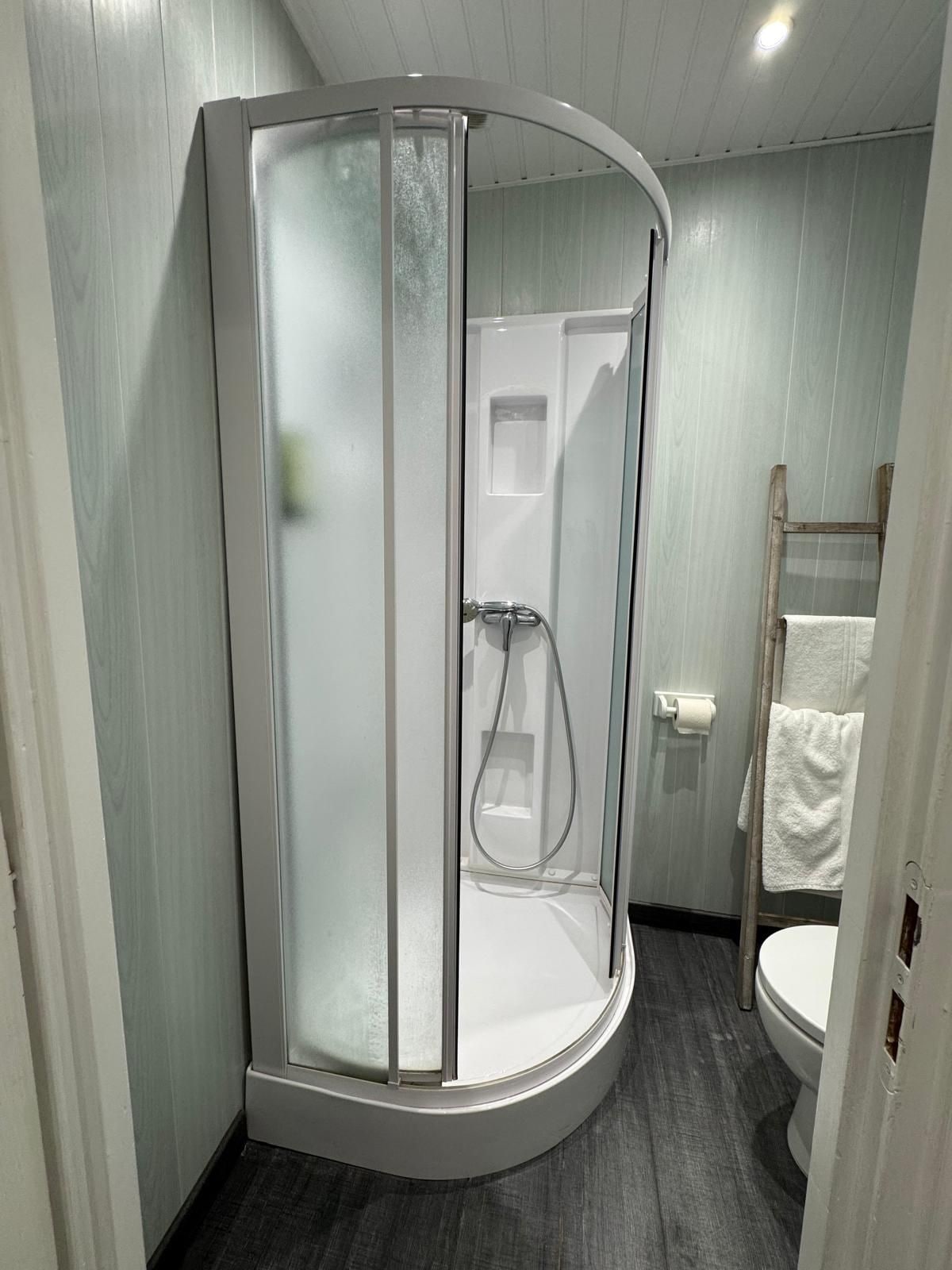 Un baño con ducha de vidrio, inodoro y toallero.