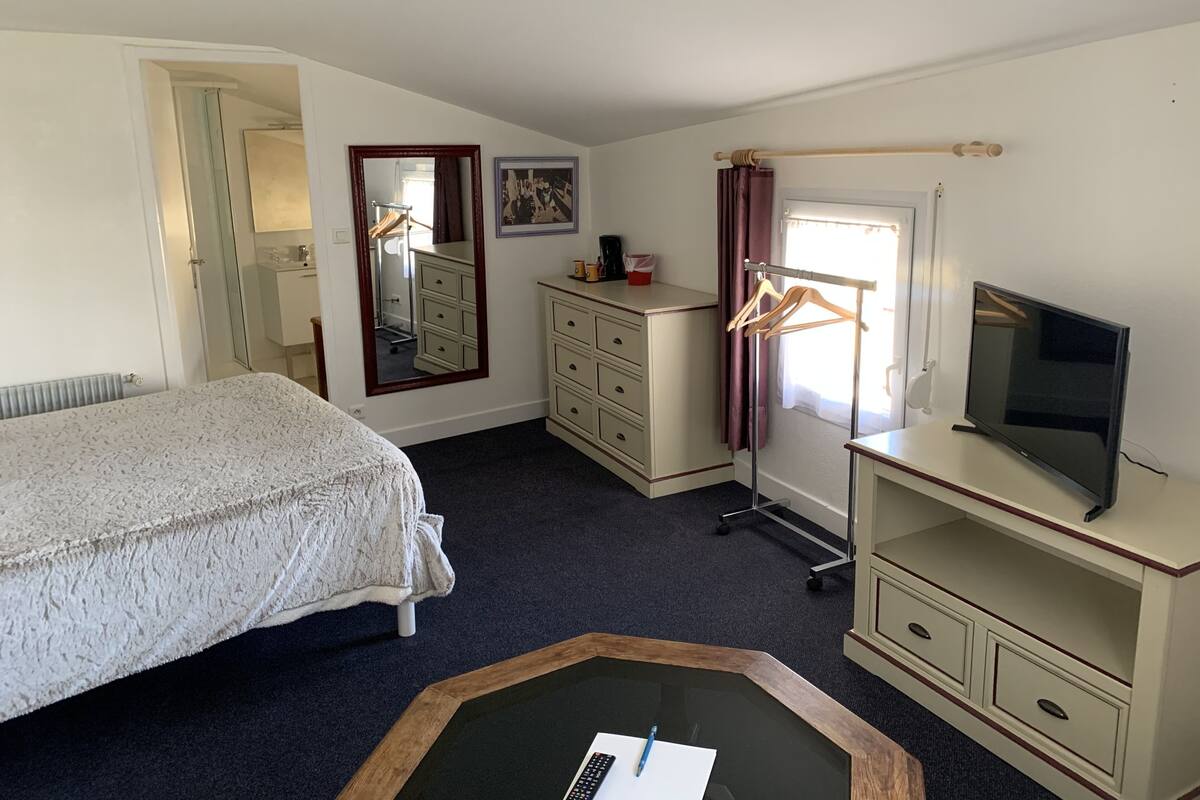 Ein Schlafzimmer mit Bett, Kommode, Spiegel, Fernseher und Schreibtisch mit Computer.