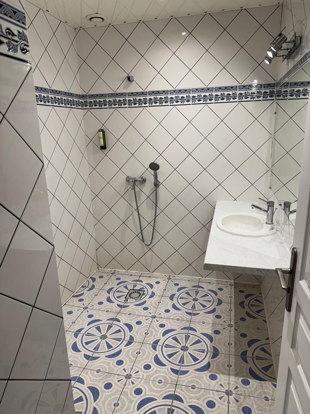 Ein Badezimmer mit Dusche, Waschbecken und Fliesenboden mit Muster.