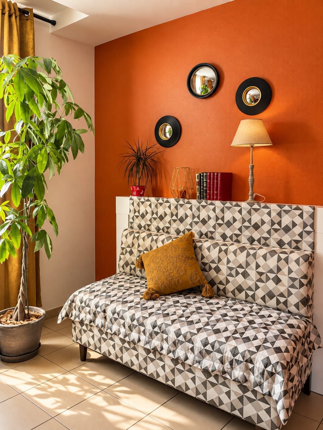 Una sala de estar moderna con un sofá estampado con motivos geométricos, una planta en maceta, una lámpara y espejos decorativos en la pared.