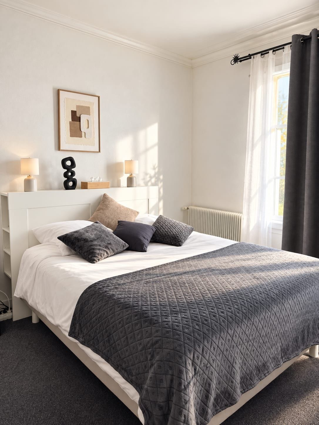 A bedroom with a bed, pillows, a bedside table with lamps, a radiator, and a window with curtains.
