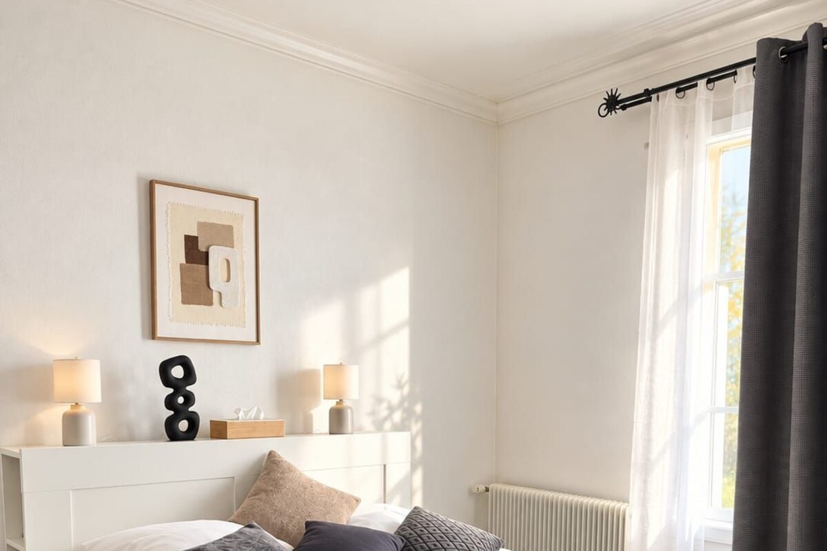 A bedroom with a bed, pillows, a bedside table with lamps, a radiator, and a window with curtains.