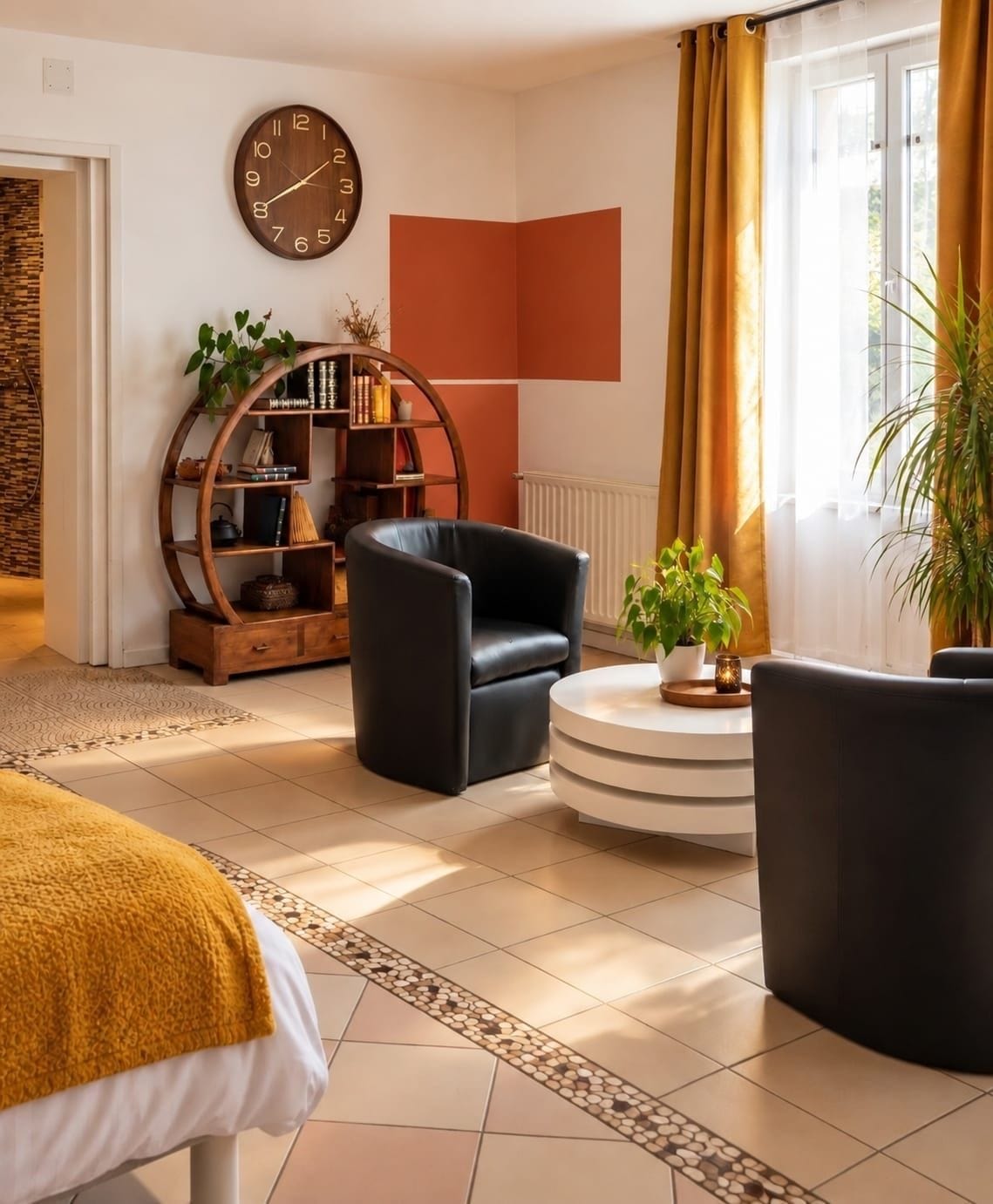 A modern living room with a round coffee table, a black leather sofa, a wooden bookshelf, and a large wall clock.