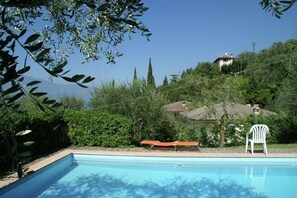 A swimming pool with a clear blue water surface, surrounded by lush greenery and a white chair.