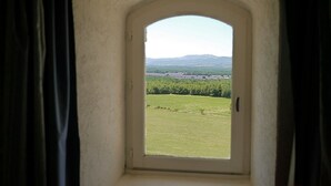 Una ventana con vistas a un campo verde y colinas lejanas.