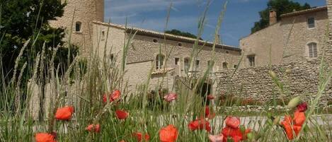 A stone building with a cylindrical tower, surrounded by tall grass and red poppies.