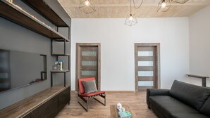 Ein modernes Wohnzimmer mit Flachbildfernseher, Holzregalen, einem roten Sessel, einer schwarzen Couch und einem Couchtisch mit Büchern und einem Teekännchen.