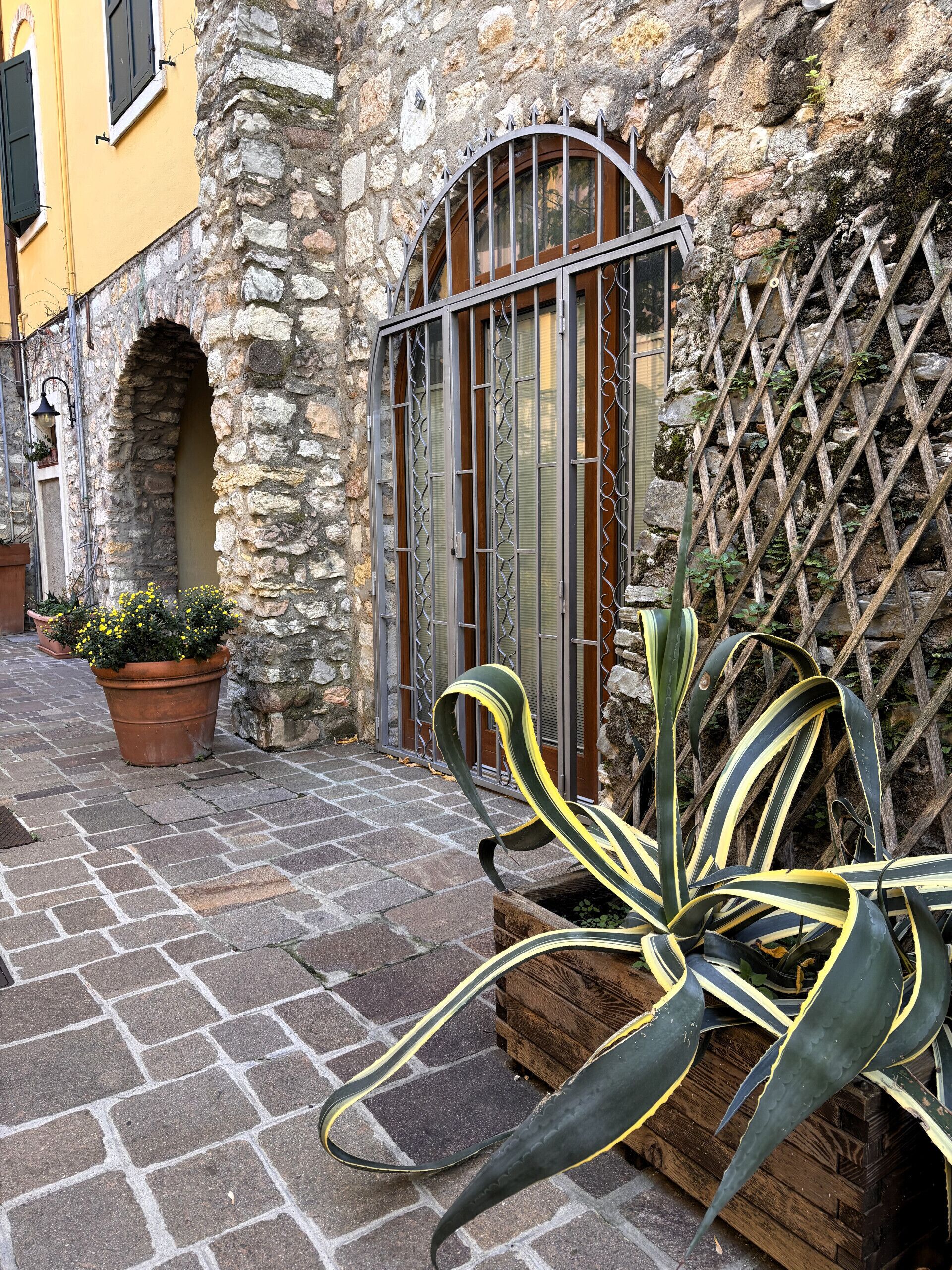 A stone building with a metal gate, potted plants, and a wooden crate with large green plants.