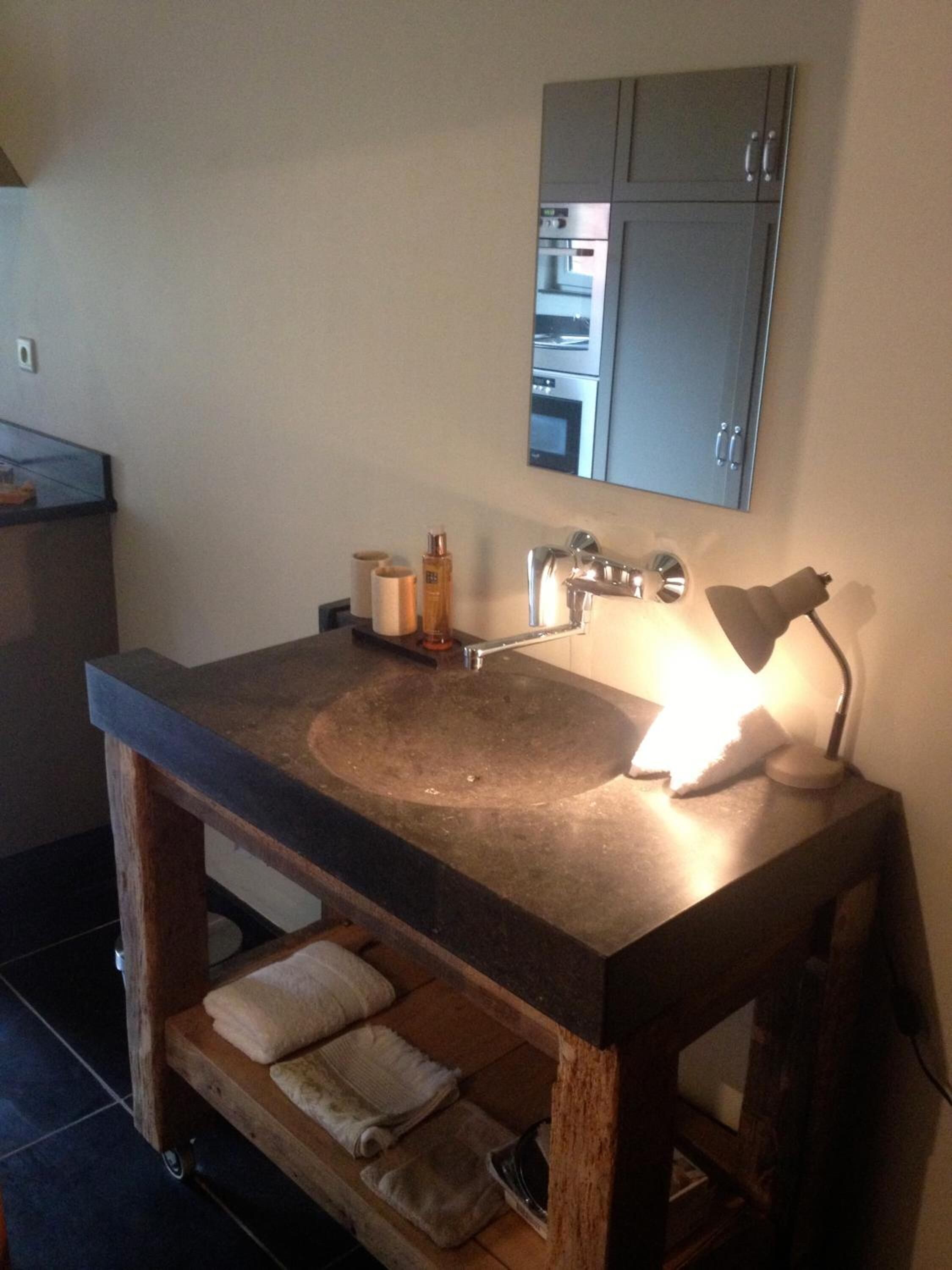 A bathroom with a large sink, a mirror, a towel rack, and a cabinet.