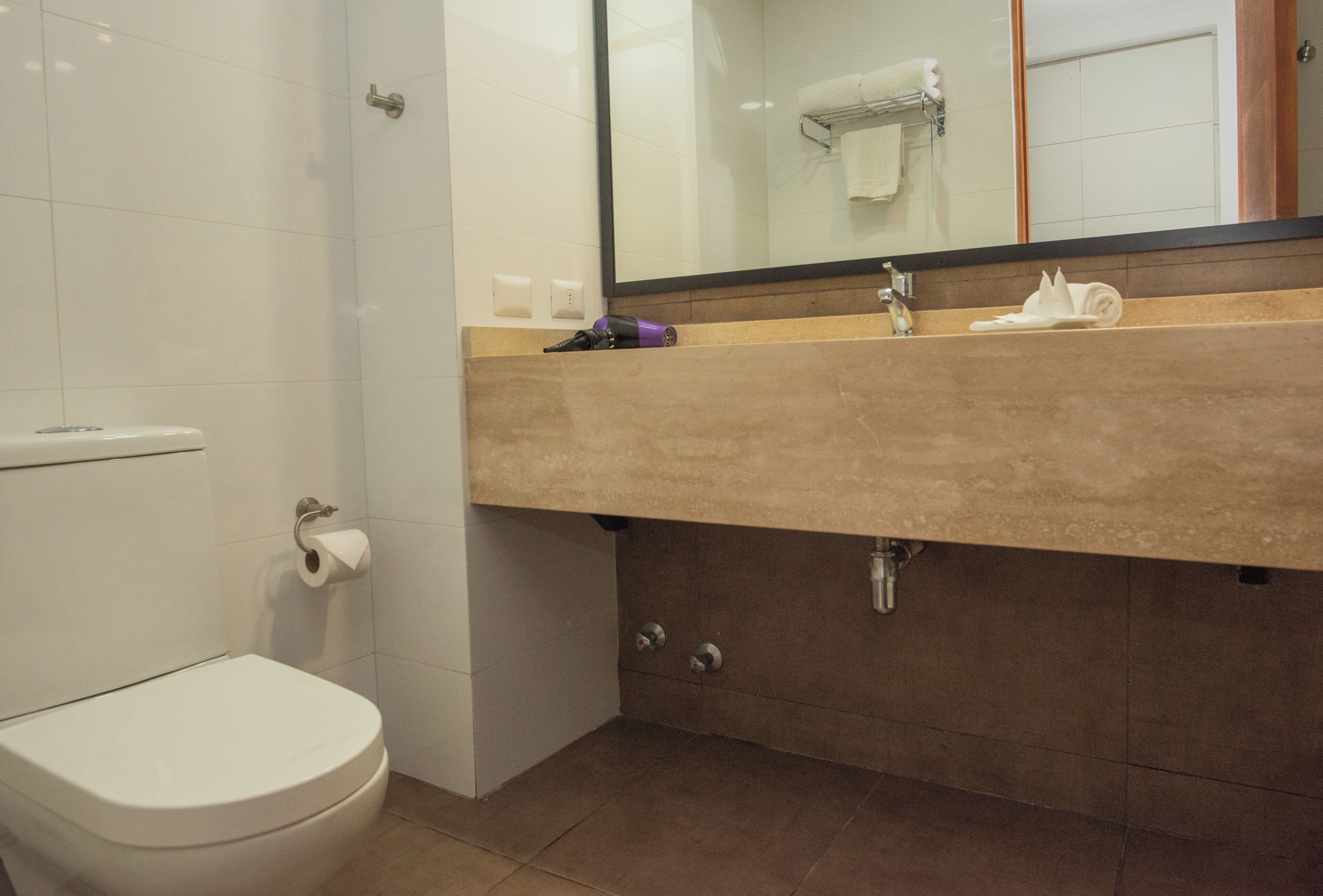 Une salle de bain comprenant des toilettes, un lavabo avec un miroir et un porte-serviettes.