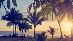Escena de playa con palmeras y el océano al atardecer.