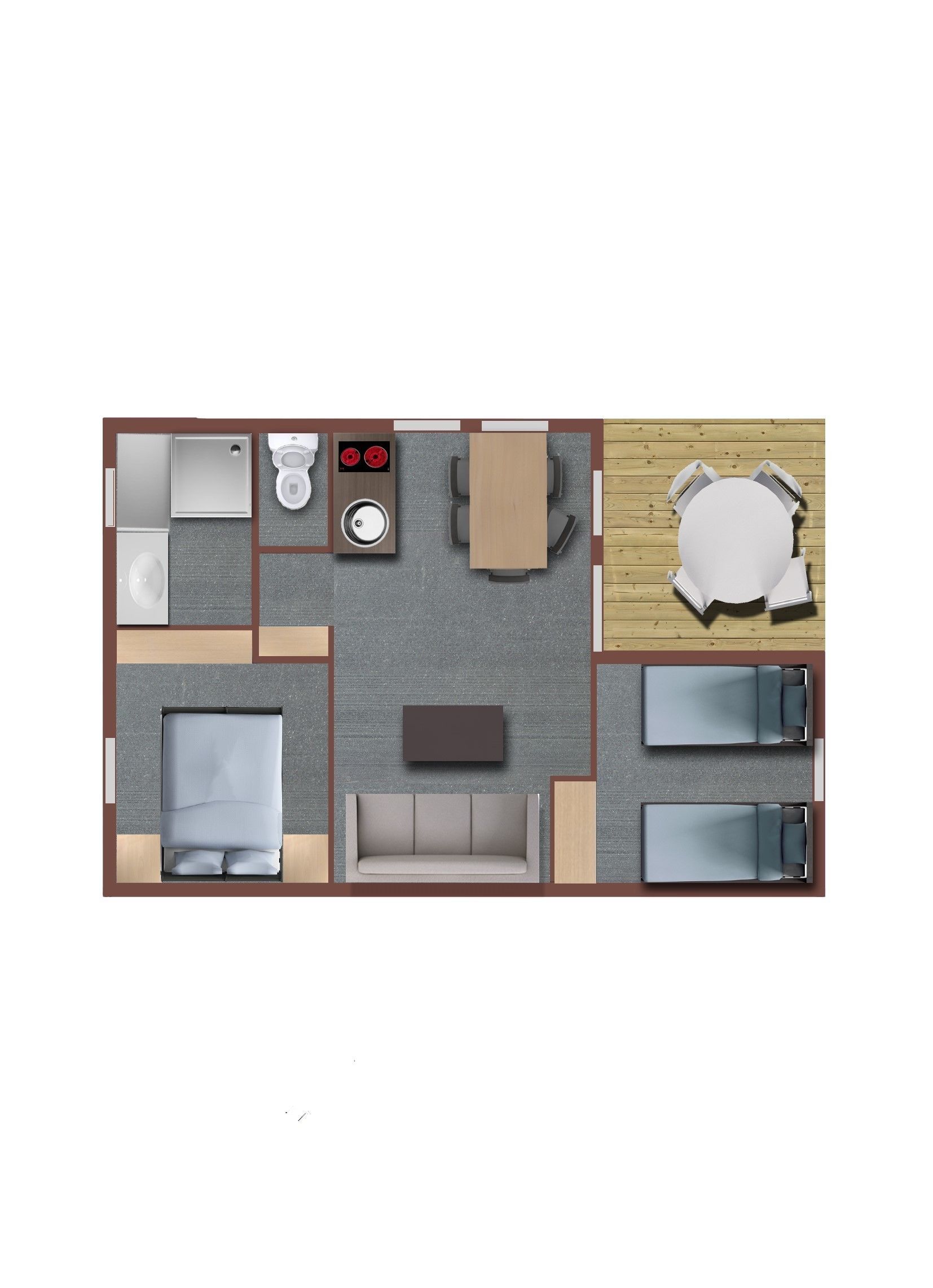 Un plan d’étage d’une chambre d’hôtel comprenant un lit, un canapé, une table à manger, un coin cuisine et une salle de bain.