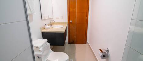 Un baño con inodoro, lavamanos y espejo.