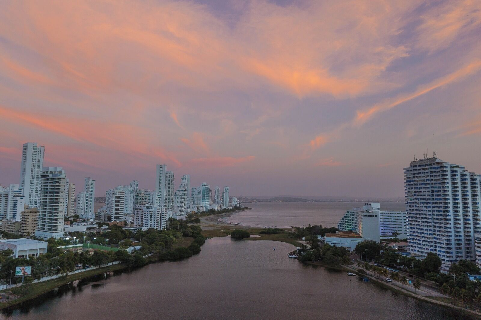 A high-rise hotel with a view of the water and city skyline.