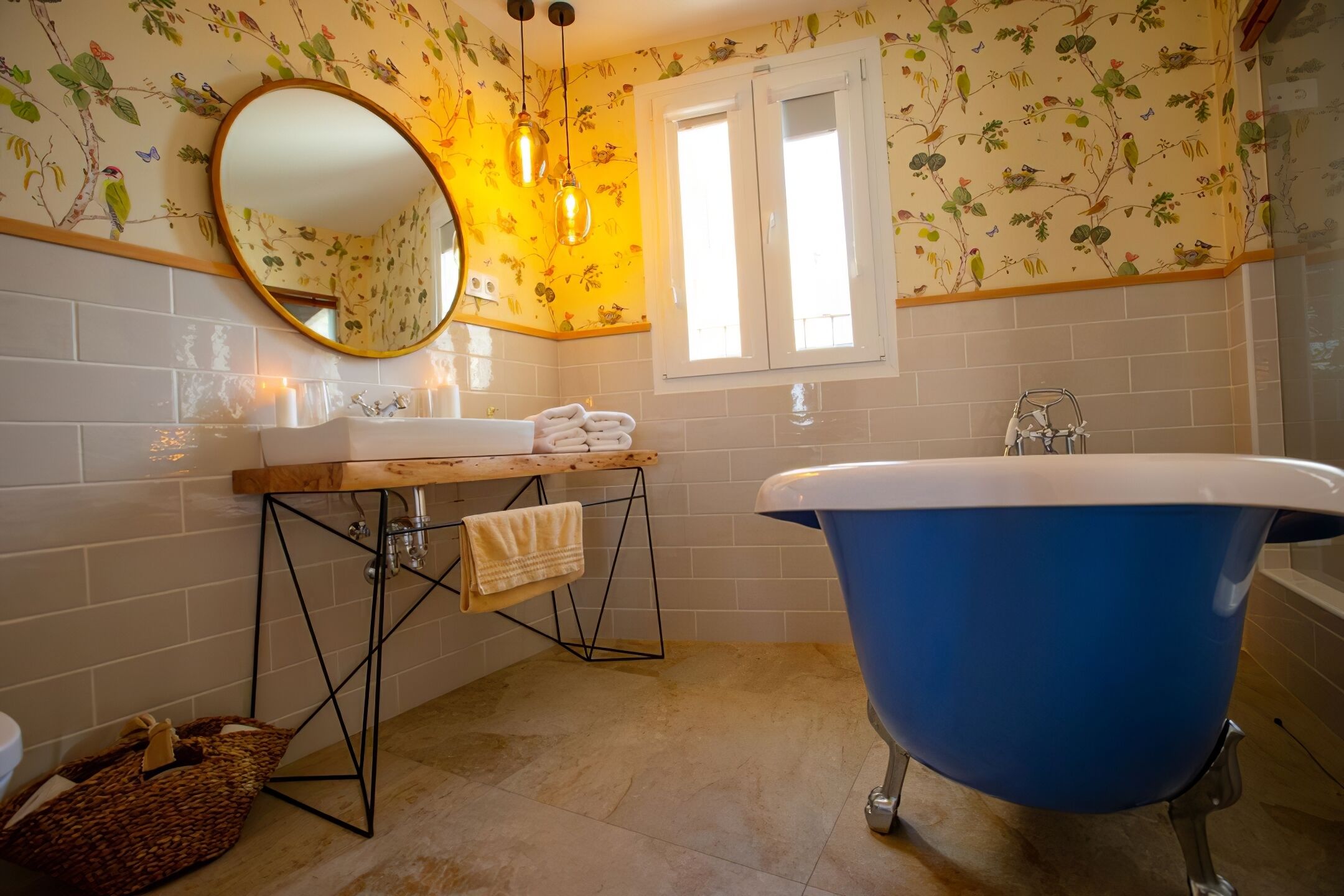 A bathroom with a blue clawfoot bathtub, a wooden vanity with a mirror, and a window above the sink.