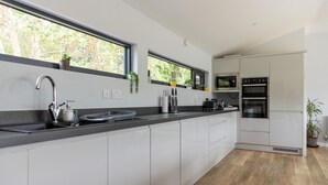 A modern kitchen with white cabinets, a black countertop, stainless steel appliances, and a window with plants. - Welsh Marches at Upper Glyn Farm (Chepstow)