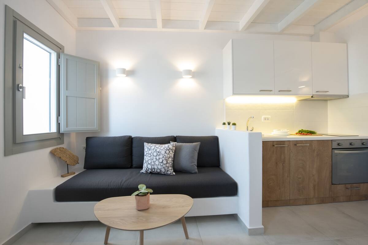 Un espace de vie compact comprenant un canapé, une petite table avec une plante, un coin cuisine et une fenêtre donnant sur un beau paysage.