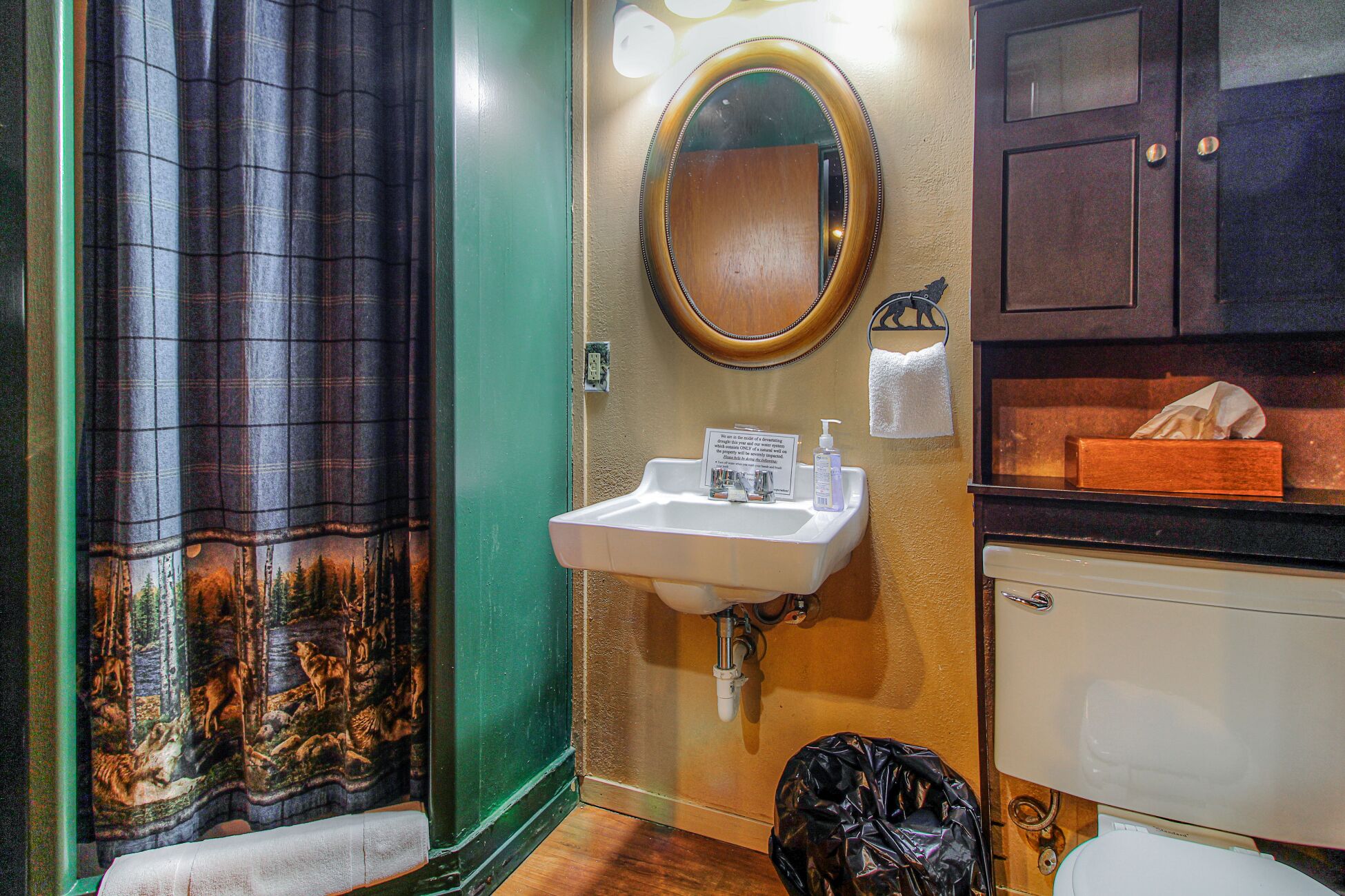 A bathroom with a sink, mirror, and wooden cabinet.